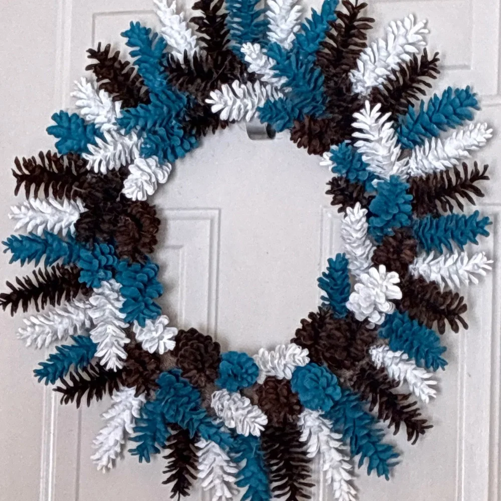 Elegant Holiday Pinecone Wreath - Teal, White, and Brown